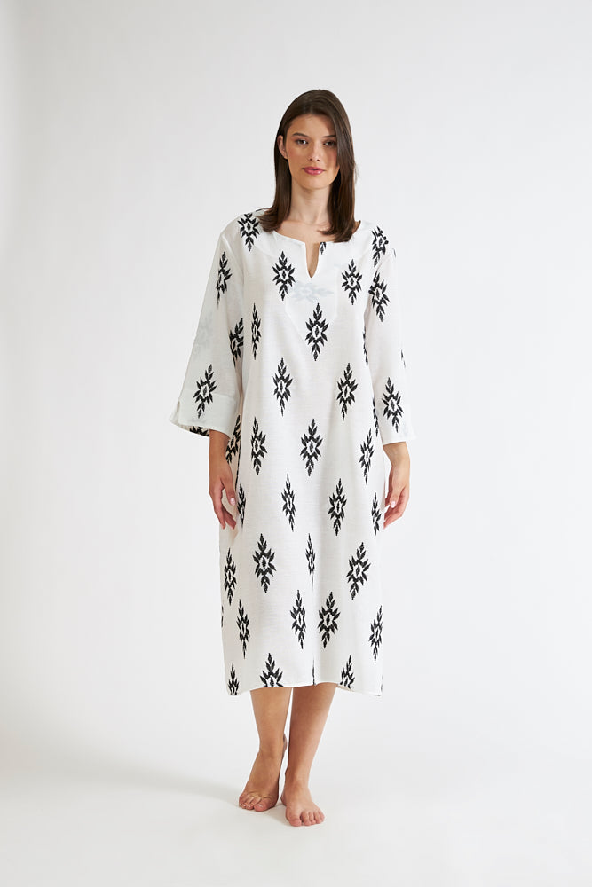 Harmony - Φόρεμα Εμπριμέ Linen Viscose Midi Με Βε Black