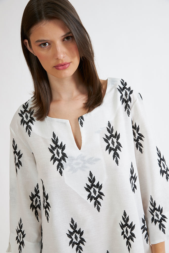 Harmony - Φόρεμα Εμπριμέ Linen Viscose Midi Με Βε Black