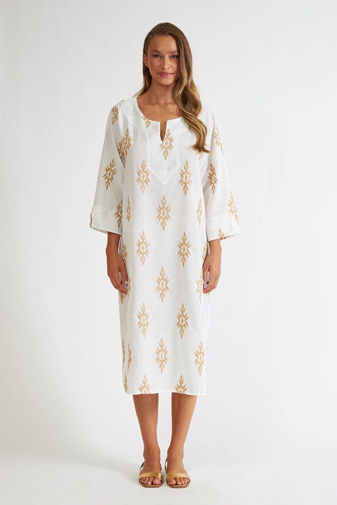 Harmony - Φόρεμα Εμπριμέ Linen Viscose Midi Με Βε Gold