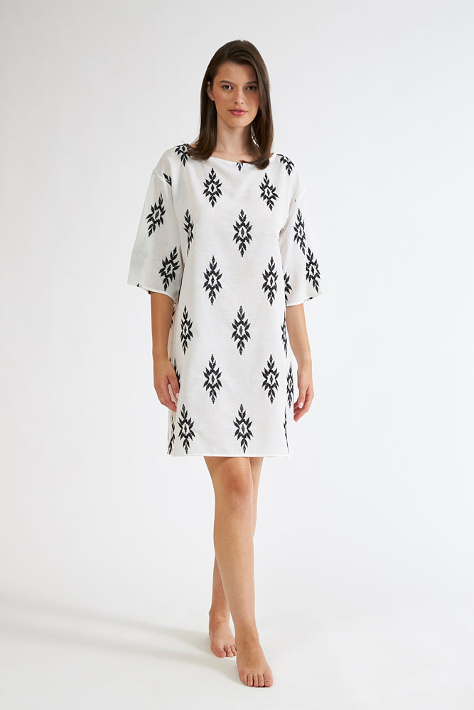 Harmony - Φόρεμα Εμπριμέ Linen Viscose Τρουακάρ Μανίκι  Black