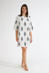 Harmony - Φόρεμα Εμπριμέ Linen Viscose Τρουακάρ Μανίκι  Black