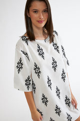 Harmony - Φόρεμα Εμπριμέ Linen Viscose Τρουακάρ Μανίκι  Black