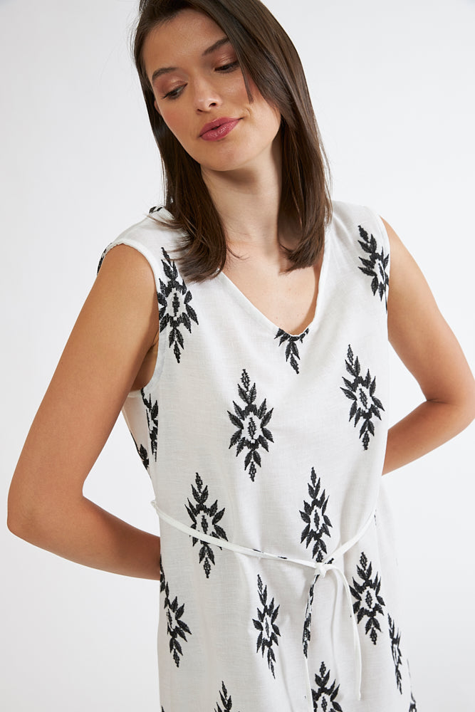 Harmony - Φόρεμα Εμπριμέ Linen Viscose Αμάνικο Κοντό Με Δέσιμο Black
