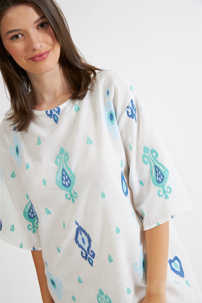 Harmony - Φόρεμα Εμπριμέ Linen Viscose Τρουακάρ Μανίκι