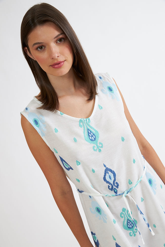 Harmony - Φόρεμα Εμπριμέ Linen Viscose Αμάνικο Κοντό Με Δέσιμο