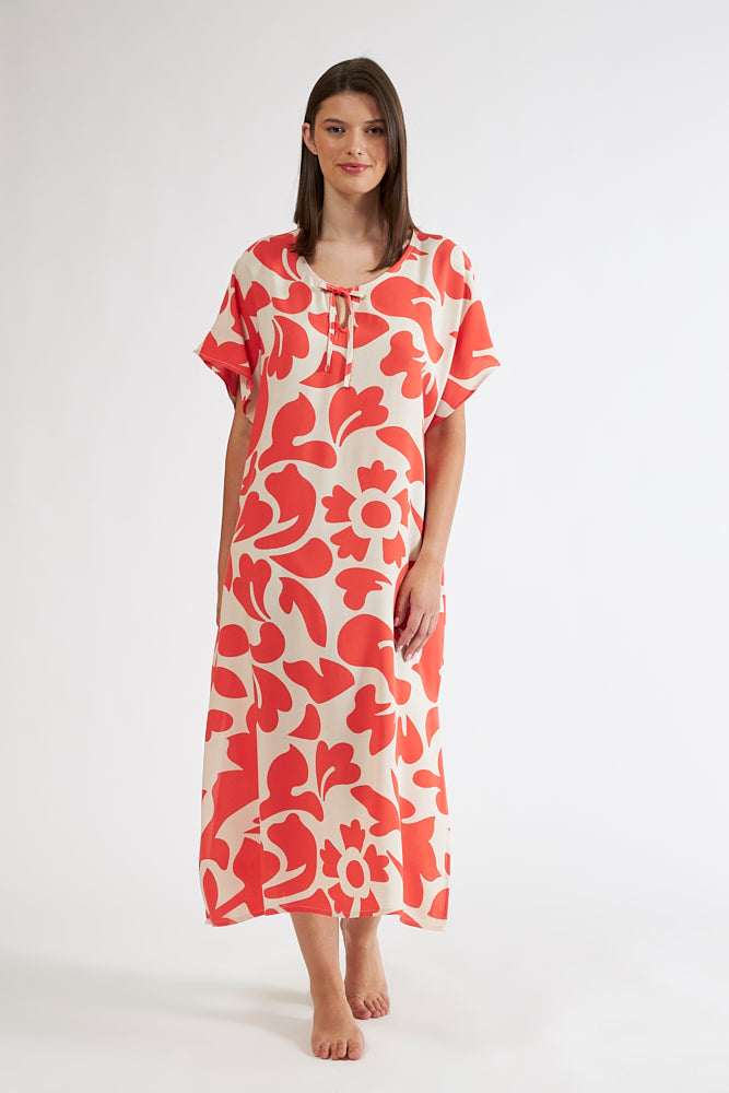 Harmony - Φόρεμα Εμπριμέ Viscose Midi Με Δέσιμο  Pomegranate