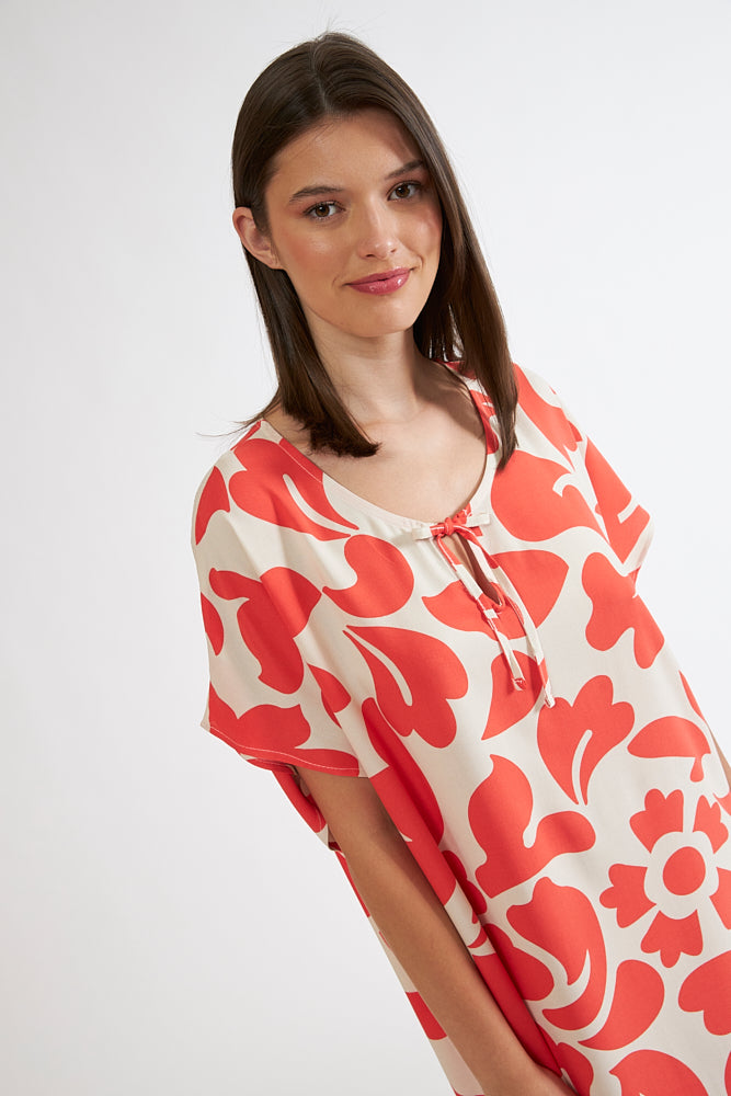 Harmony - Φόρεμα Εμπριμέ Viscose Midi Με Δέσιμο  Pomegranate