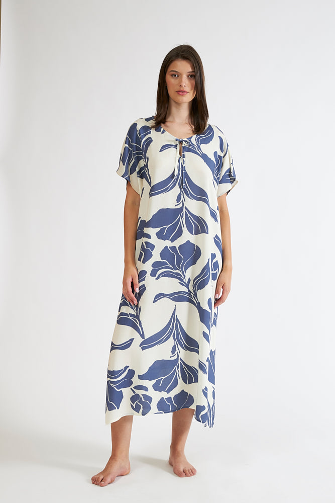 Harmony - Φόρεμα Εμπριμέ Viscose Midi Με Δέσιμο Blue