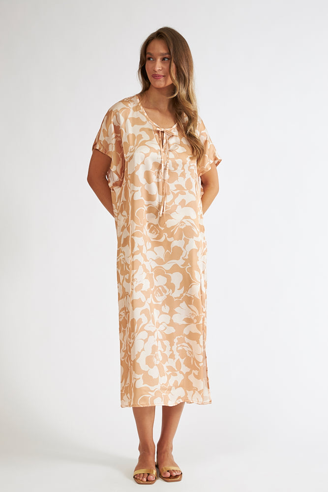 Harmony - Φόρεμα Εμπριμέ Satin Midi Κοντομάνικο Με Δέσιμο  Gold