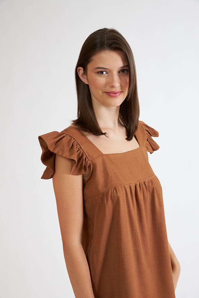 Harmony - Φόρεμα Μονόχρωμο Linen Viscose Κοντομάνικο Με Βολάν Coffee