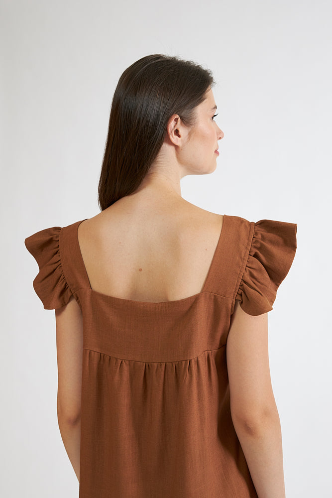 Harmony - Φόρεμα Μονόχρωμο Linen Viscose Κοντομάνικο Με Βολάν Coffee