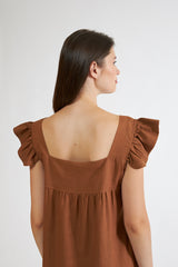 Harmony - Φόρεμα Μονόχρωμο Linen Viscose Κοντομάνικο Με Βολάν Coffee