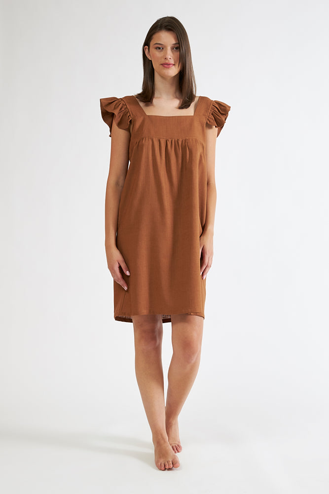 Harmony - Φόρεμα Μονόχρωμο Linen Viscose Κοντομάνικο Με Βολάν Coffee
