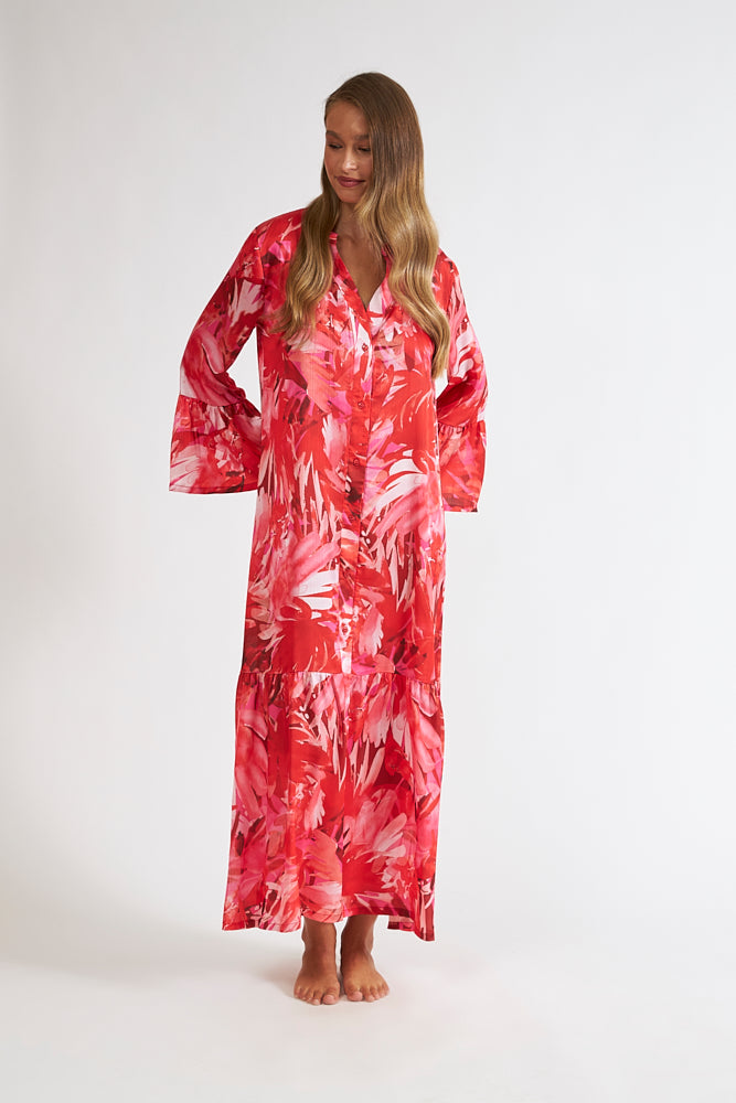 Harmony - Φόρεμα Εμπριμέ Red Peony Viscose Μακρύ Με Βολάν Και Κουμπιά