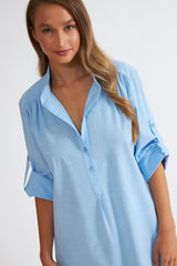 Harmony - Φόρεμα Μονόχρωμο Linen Cotton Με Γιακά Και Κουμπιά  Ciel