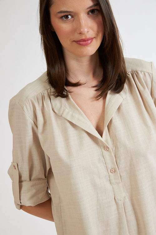 Harmony - Φόρεμα Μονόχρωμο Linen Cotton Με Γιακά Και Κουμπιά  Sand