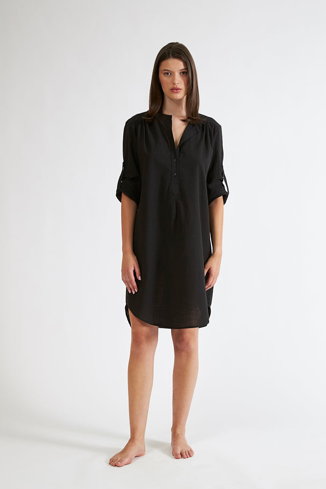 Harmony - Φόρεμα Μονόχρωμο Linen Cotton Με Γιακά Και Κουμπιά  Black