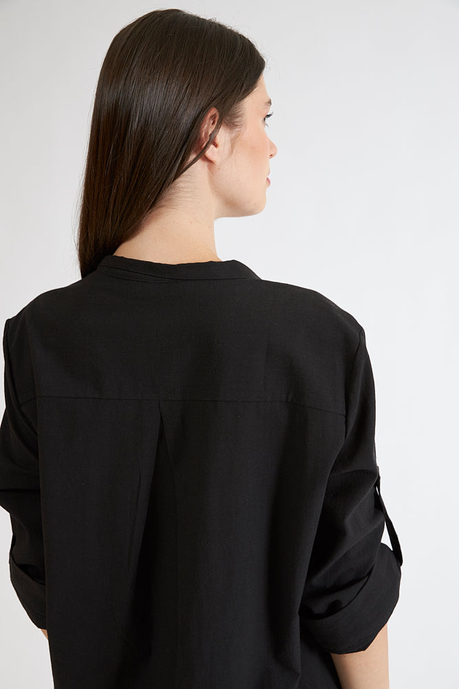 Harmony - Φόρεμα Μονόχρωμο Linen Cotton Με Γιακά Και Κουμπιά  Black