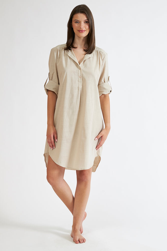 Harmony - Φόρεμα Μονόχρωμο Linen Cotton Με Γιακά Και Κουμπιά  Sand