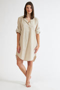 Harmony - Φόρεμα Μονόχρωμο Linen Cotton Με Γιακά Και Κουμπιά  Sand