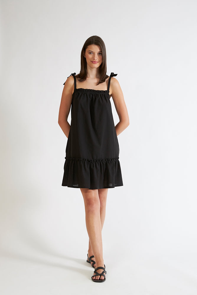 Harmony - Φόρεμα Μονόχρωμο Linen Cotton Ράντα Με Βολάν Black