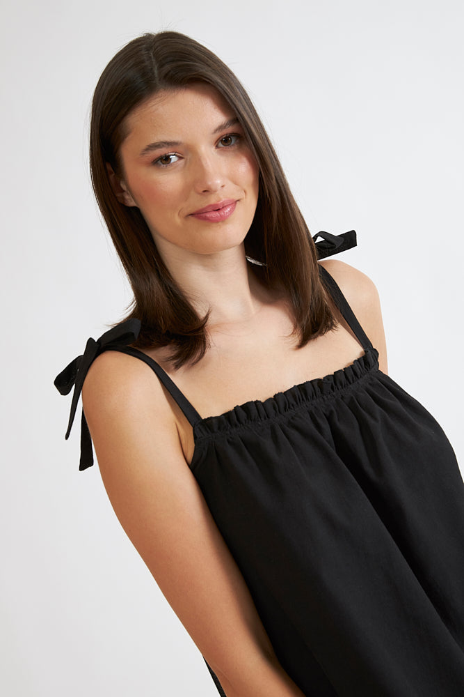Harmony - Φόρεμα Μονόχρωμο Linen Cotton Ράντα Με Βολάν Black