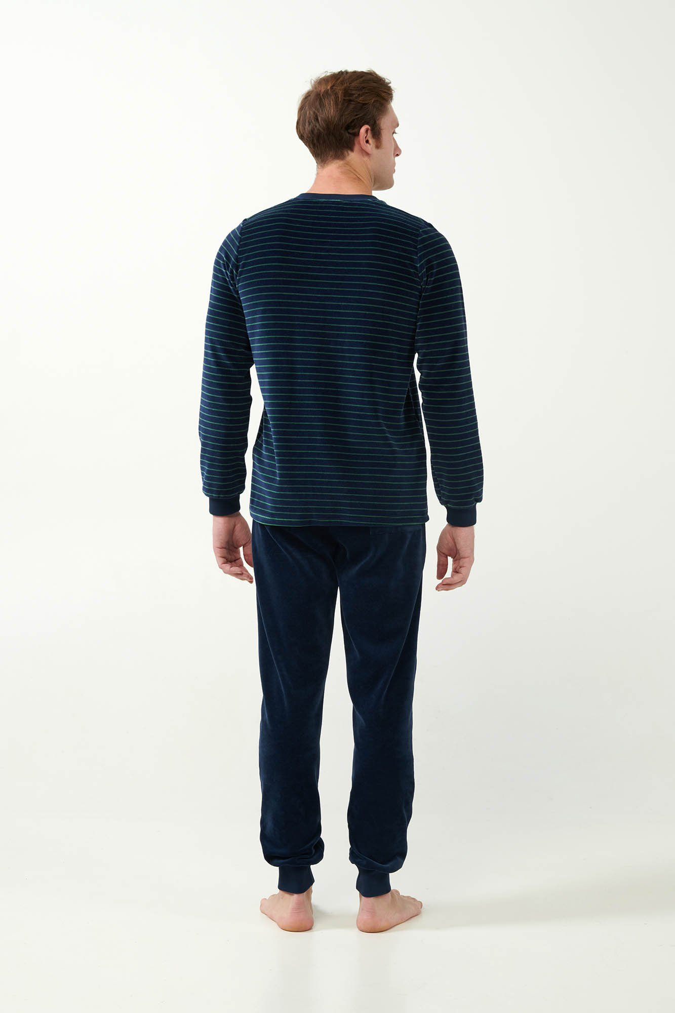 Vamp - Ριγέ Πυτζάμα Velvet με Στρογγυλή Λαιμόκοψη