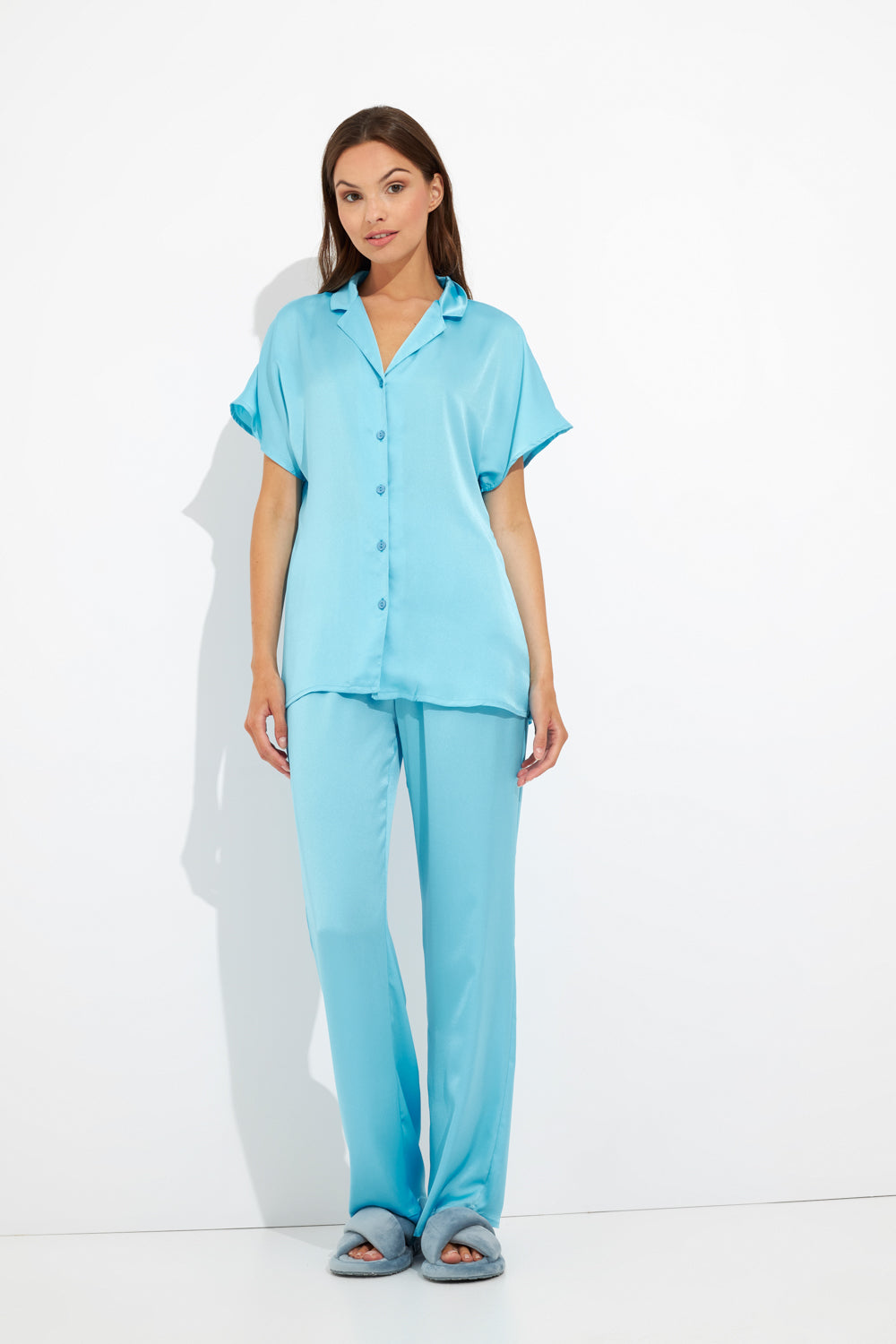 Harmony - Πιτζάμα Μονόχρωμη Σατέν Σακάκι  Aqua
