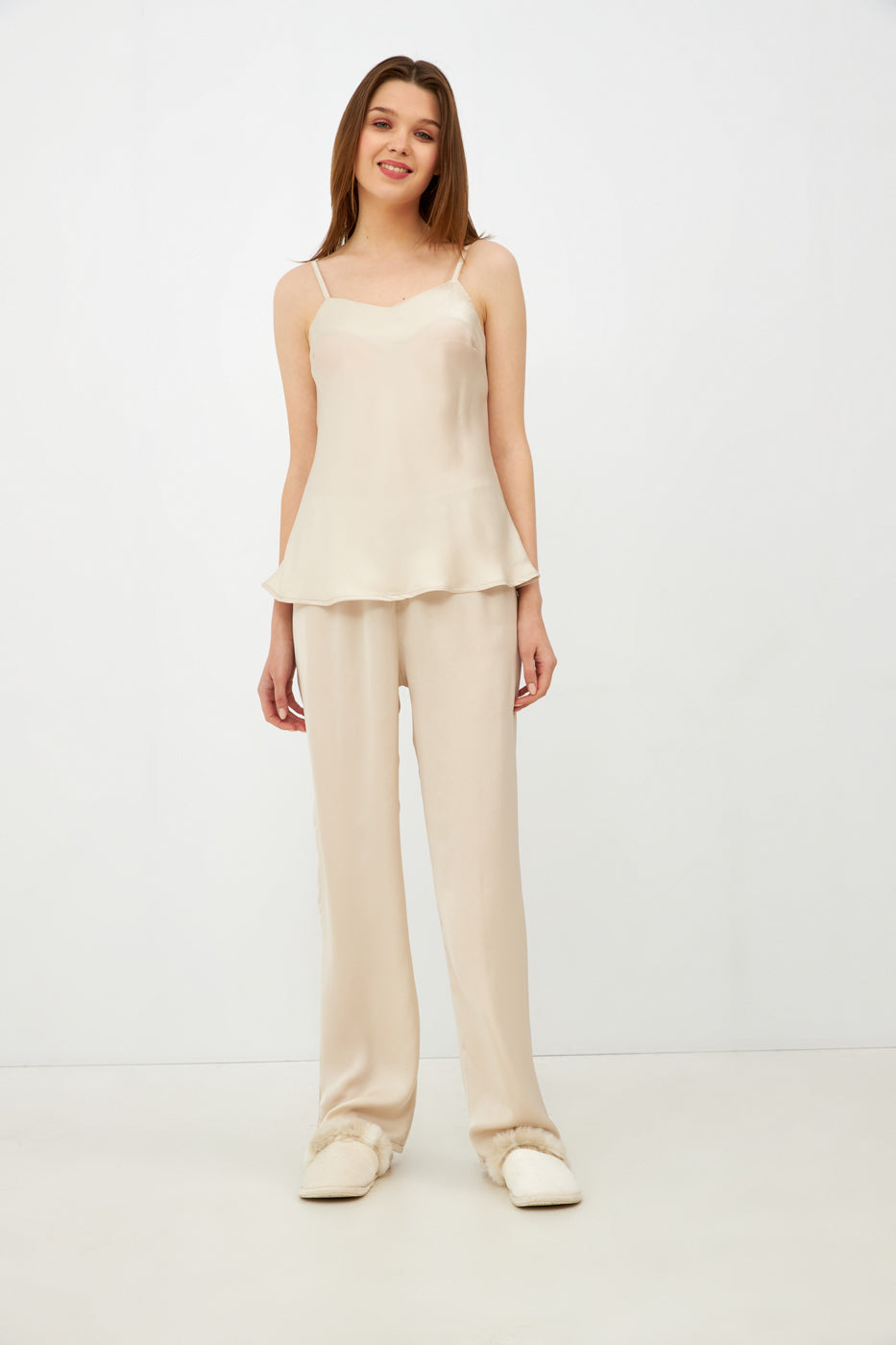 Harmony - Γυναικεία Πιτζάμα Με Ράντα Σατέν Μονόχρωμη  Beige