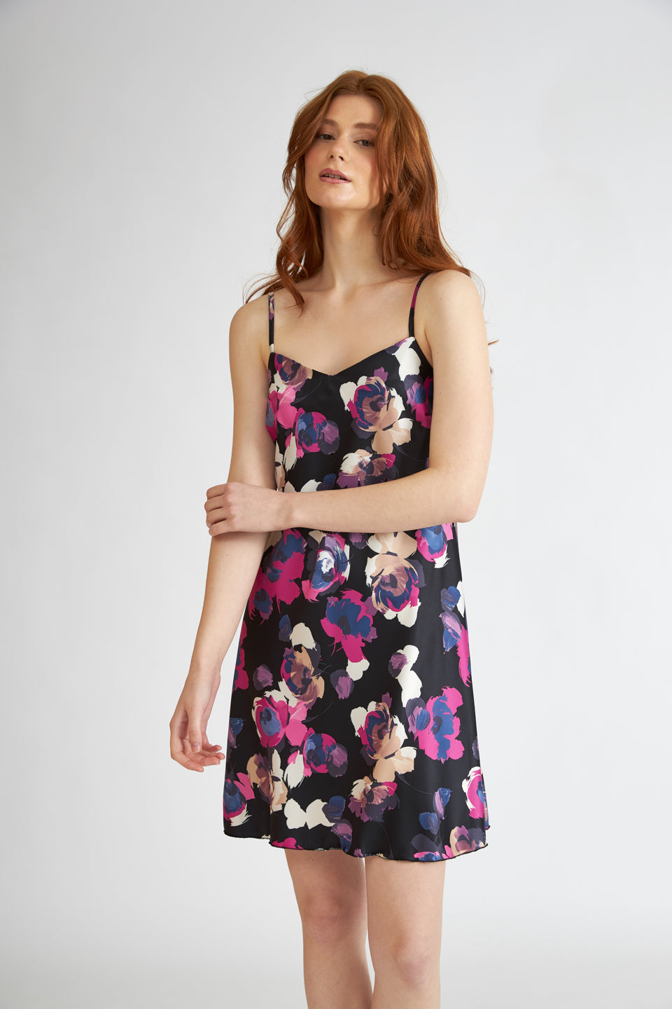 Harmony - Σατέν Floral Black Print Νυχτικό