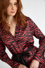 Harmony - Γυναικεία Πιτζάμα Σατέν Με Ζώνη Zebra Bordeaux Print