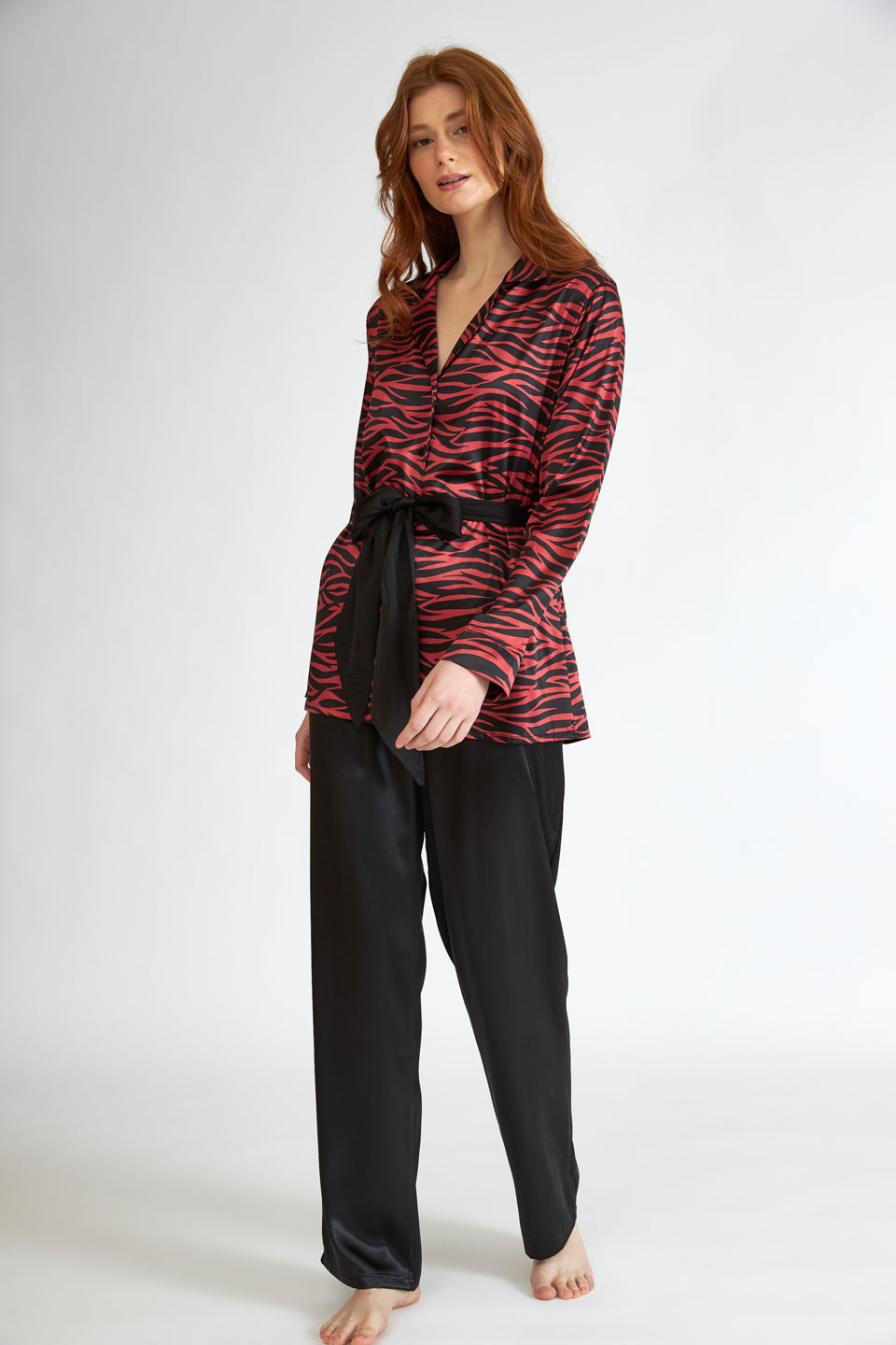 Harmony - Γυναικεία Πιτζάμα Σατέν Με Ζώνη Zebra Bordeaux Print