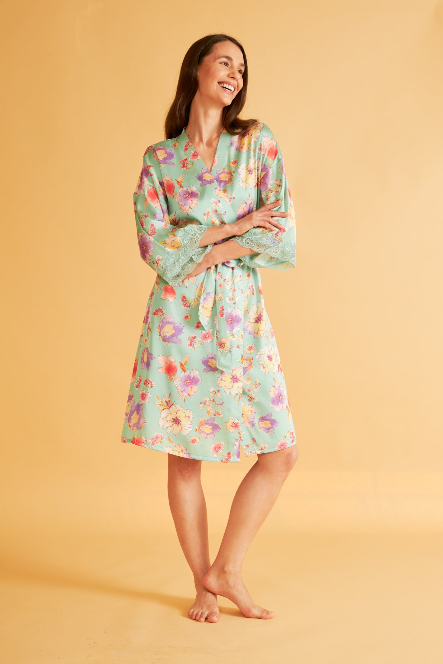 Harmony - Σατέν Εμπριμέ Ρόμπα Με Δαντέλα Mint