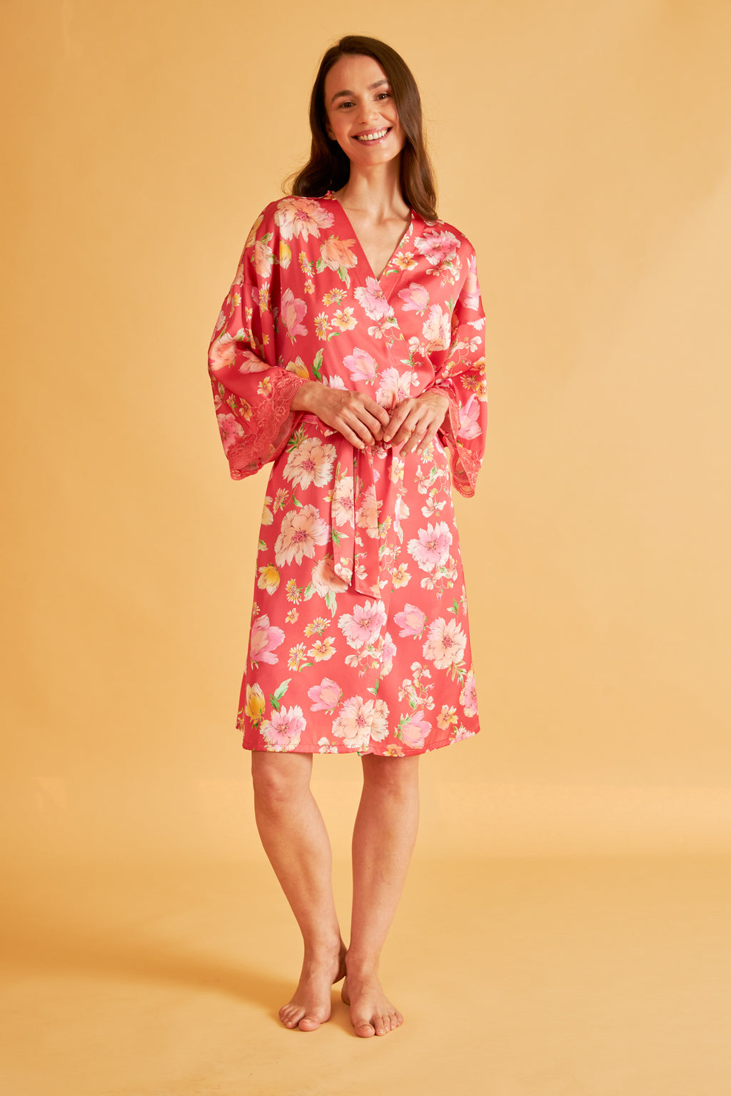 Harmony - Σατέν Εμπριμέ Ρόμπα Με Δαντέλα Pomegranate