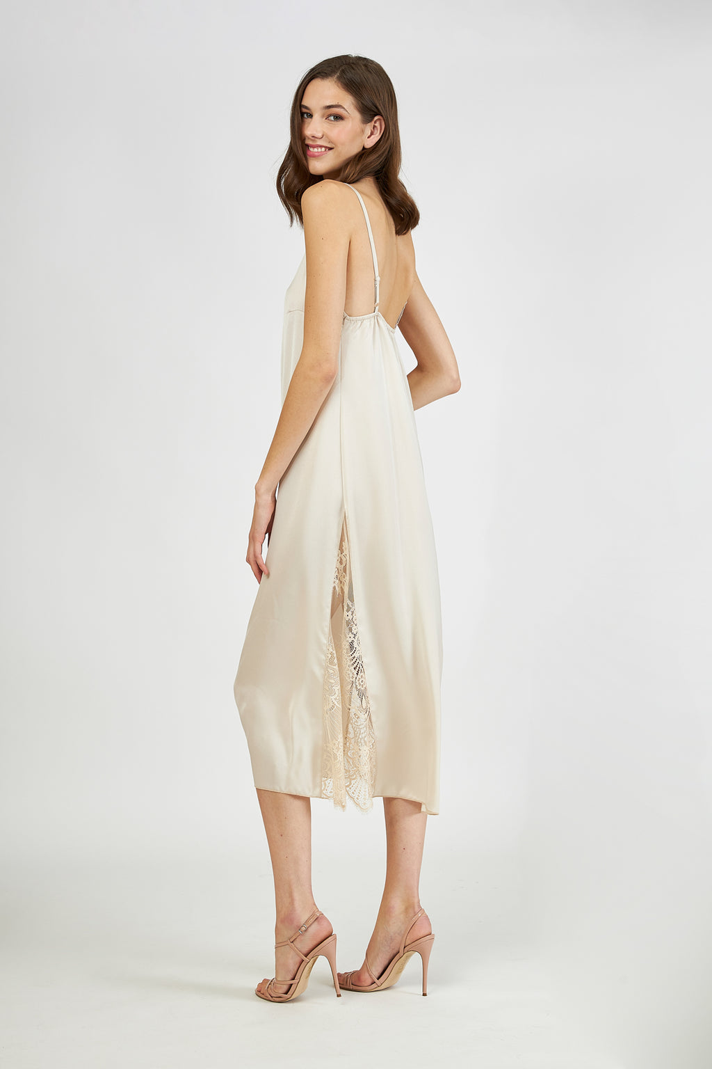 Harmony - Σατέν Νυχτικό Midi Με Δαντέλα Beige