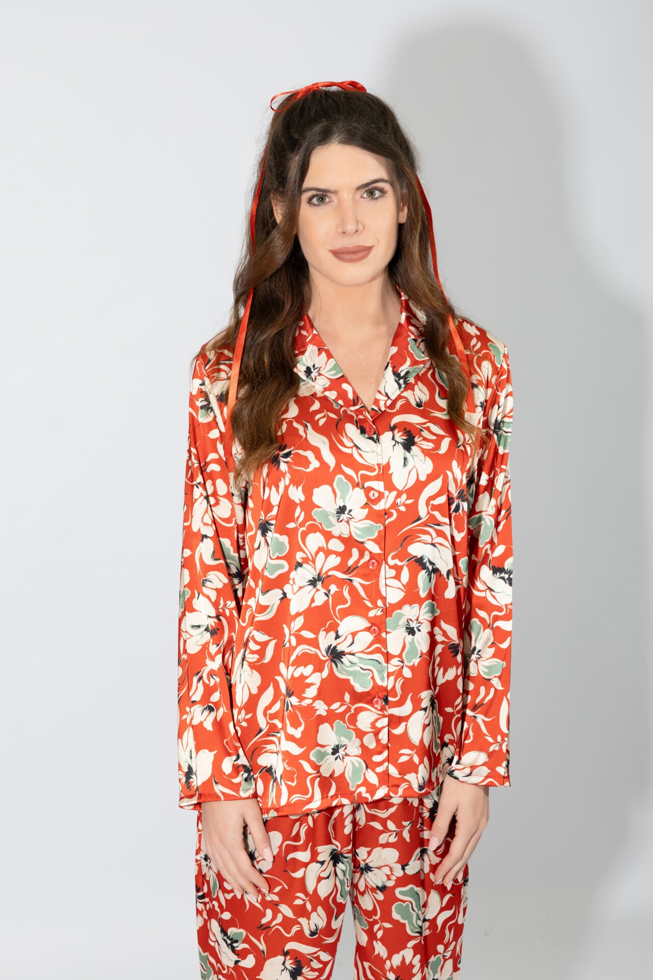 Harmony - Σατέν Πιτζάμα Σακάκι Floral Red