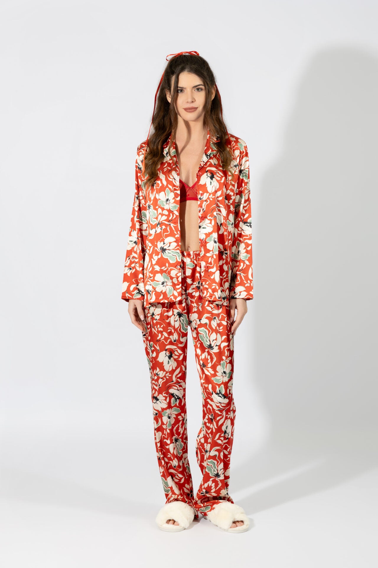 Harmony - Σατέν Πιτζάμα Σακάκι Floral Red