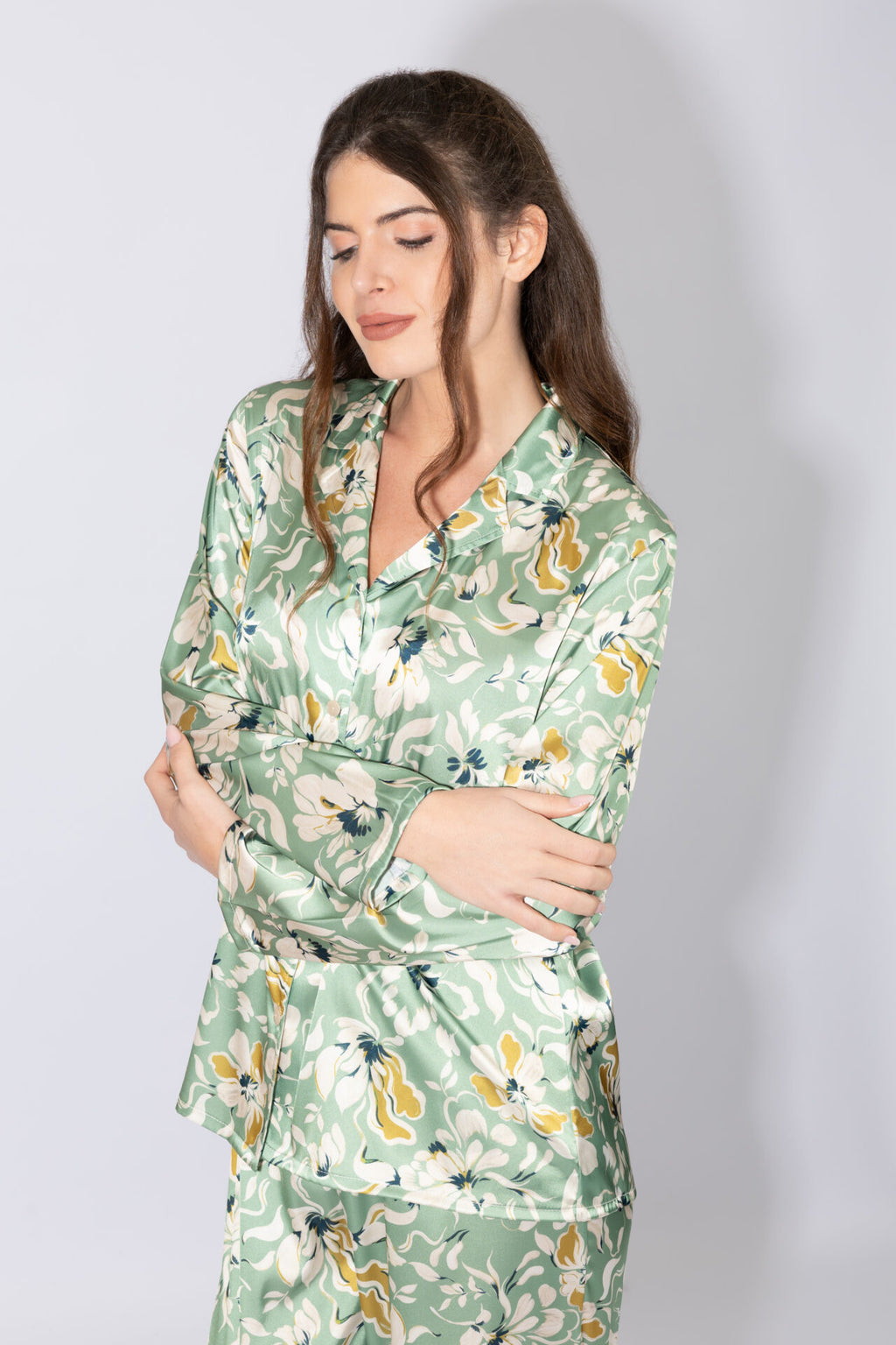 Harmony - Σατέν Πιτζάμα Σακάκι Floral Mint