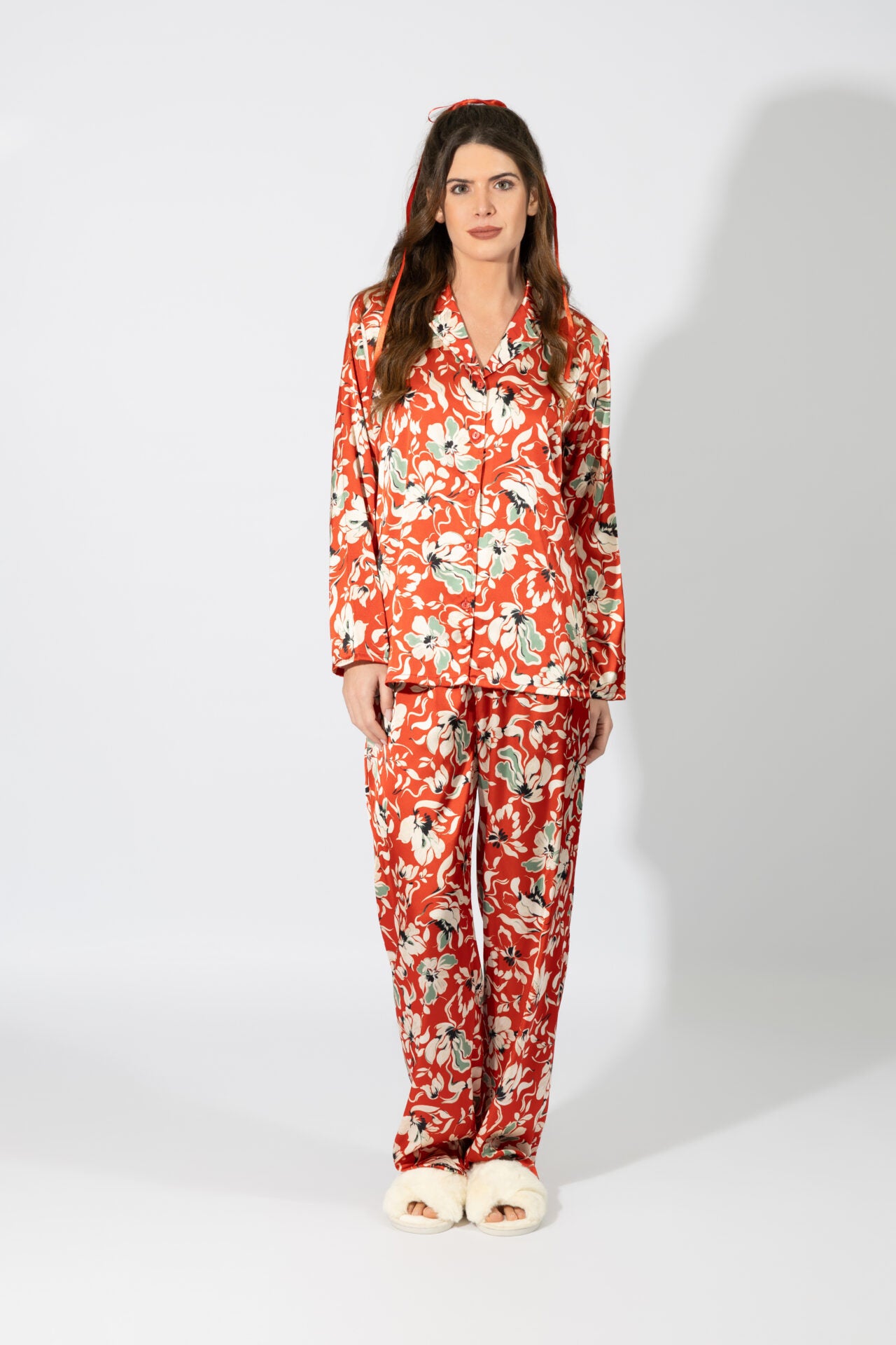 Harmony - Σατέν Πιτζάμα Σακάκι Floral Red