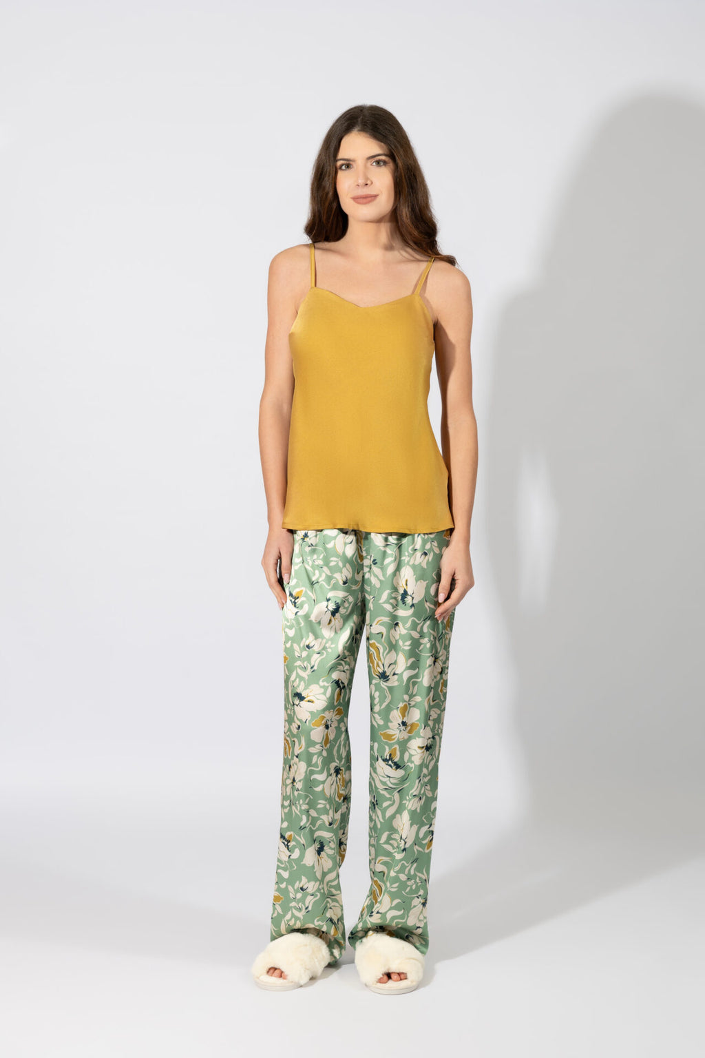 Harmony - Σατέν Πιτζάμα Με Ράντα Και Floral Παντελόνι  Gold/Mint