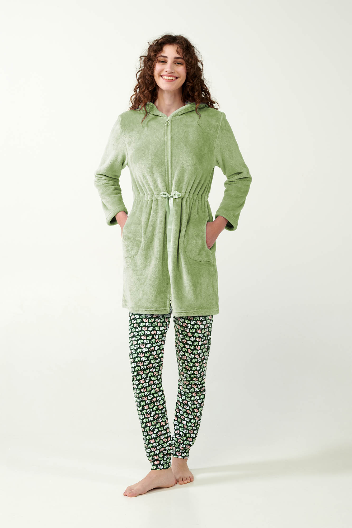 Vamp - Μονόχρωμη Fleece Ρόμπα με Φερμουάρ