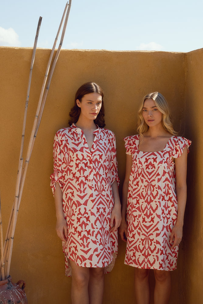 Harmony - Φόρεμα Εμπριμέ Linen Viscose Κοντομάνικο Με Βολάν
