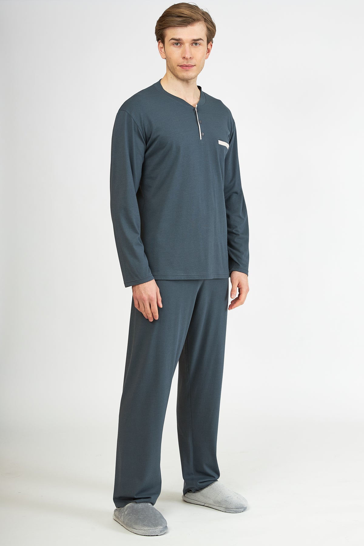 Harmony - Ανδρική Πιτζάμα Μονόχρωμη Cotton/Modal Με Κουμπάκια Anthracite