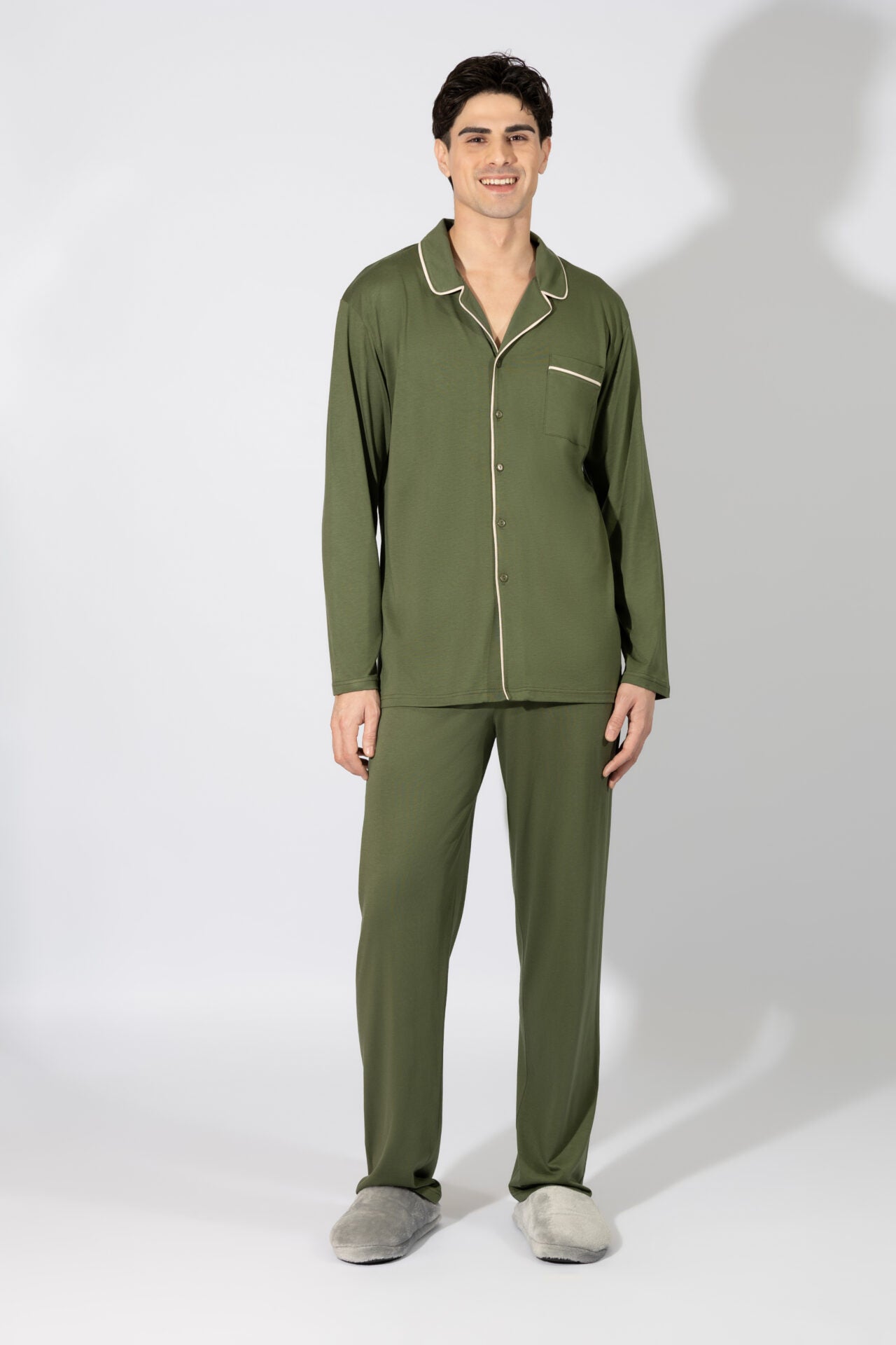 Harmony - Ανδρική Πιτζάμα Σακάκι Μονόχρωμη Cotton Modal  Olive