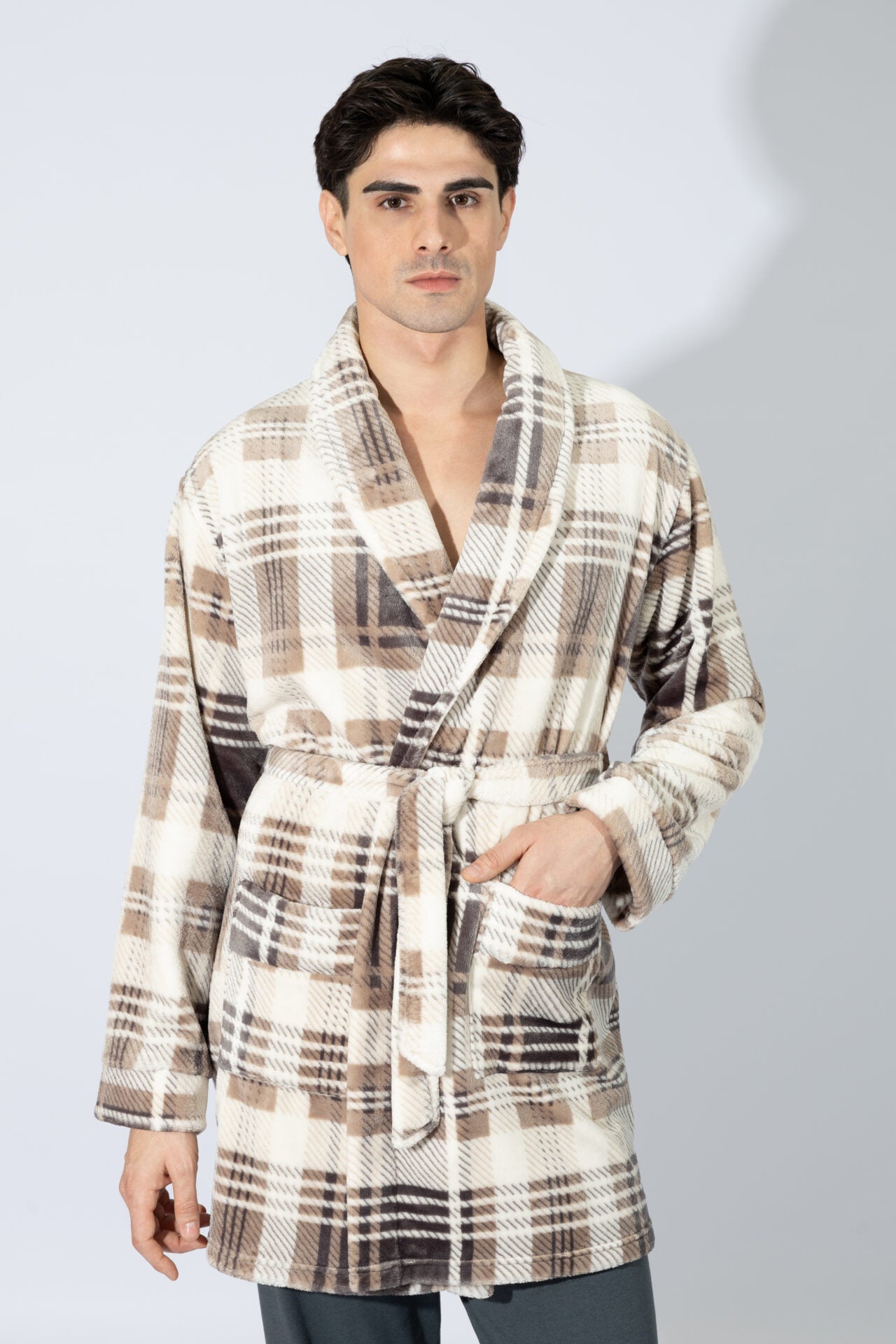 Harmony - Ανδρική Ρόμπα Fleece Καρώ  Beige