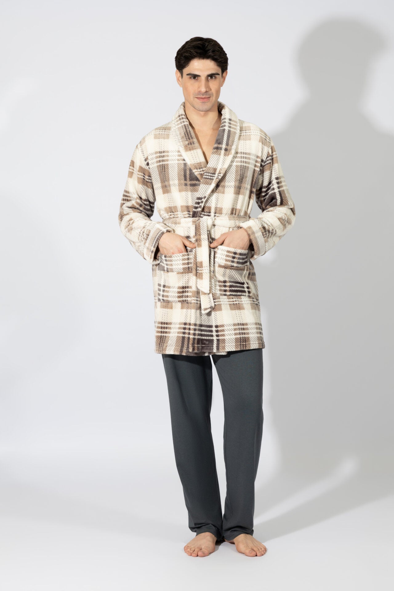 Harmony - Ανδρική Ρόμπα Fleece Καρώ  Beige