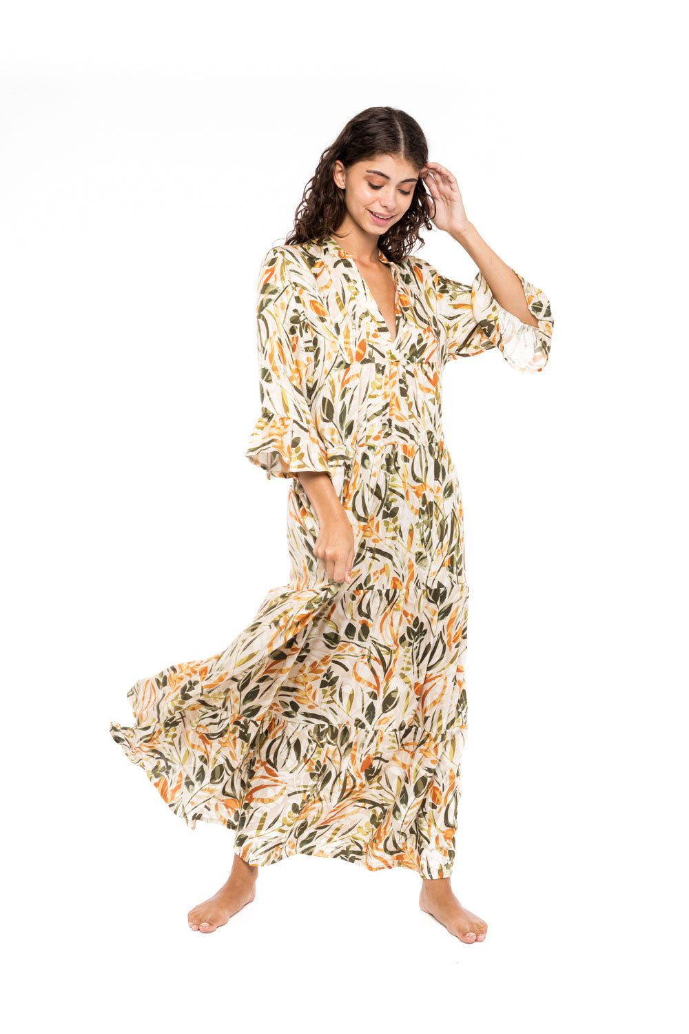 Pink Label - Beachwear Long Pastel Green Leaf