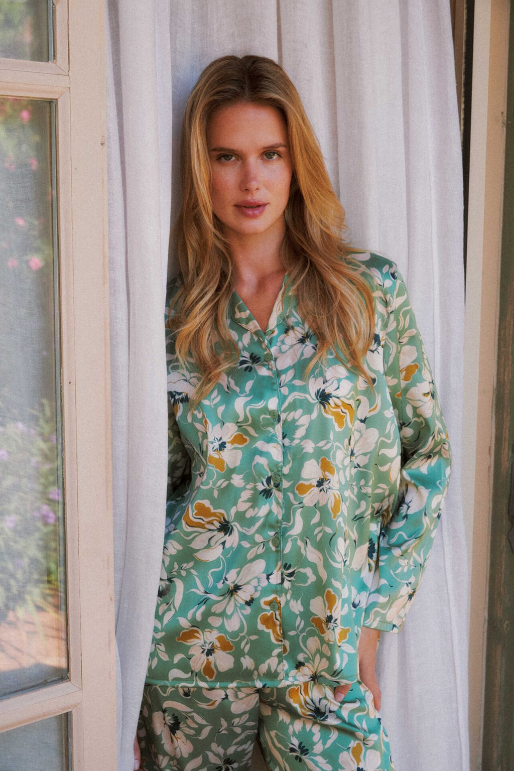 Harmony - Σατέν Πιτζάμα Σακάκι Floral Mint