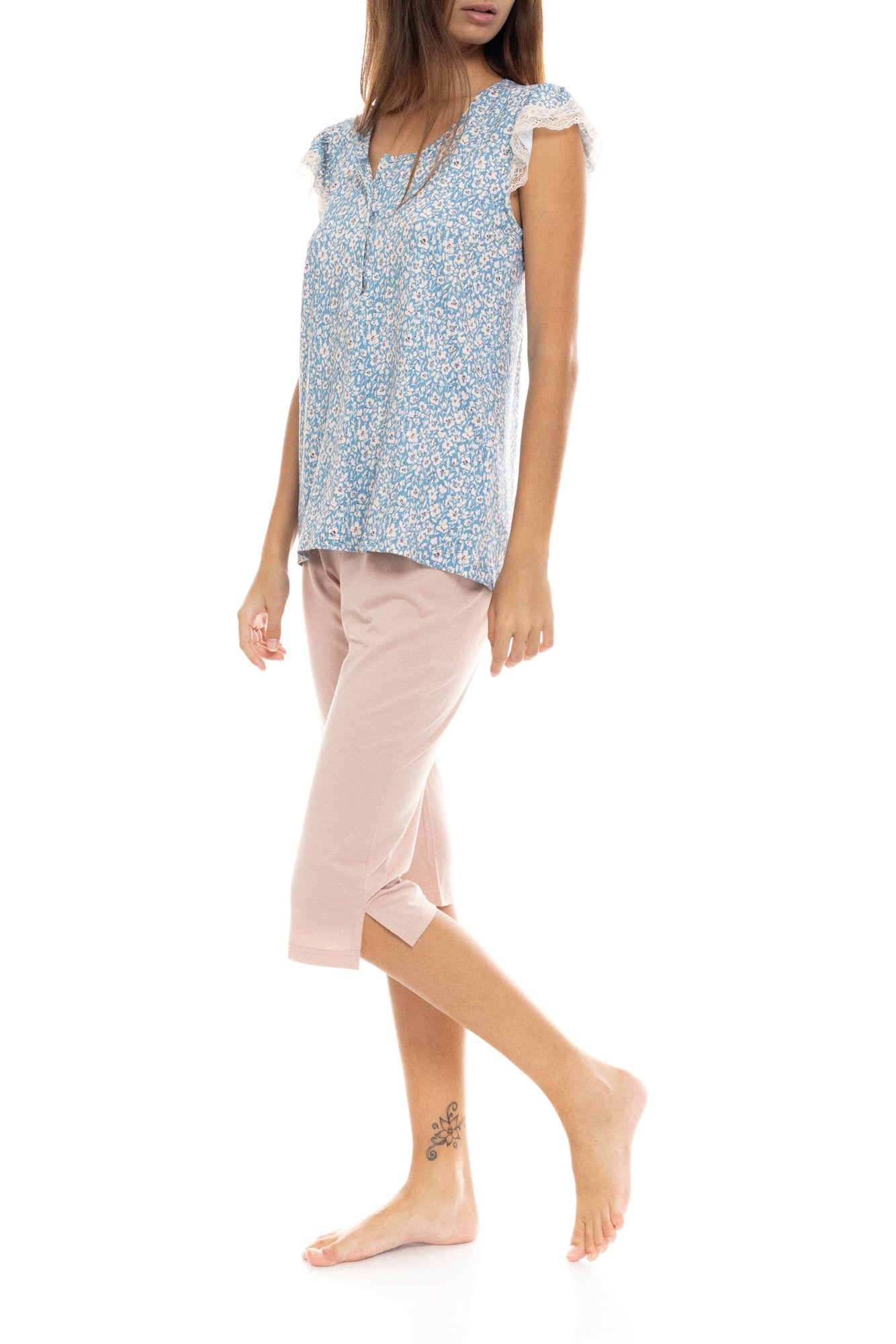 Pink Label - Pyjama Capri Pants Blue Flower