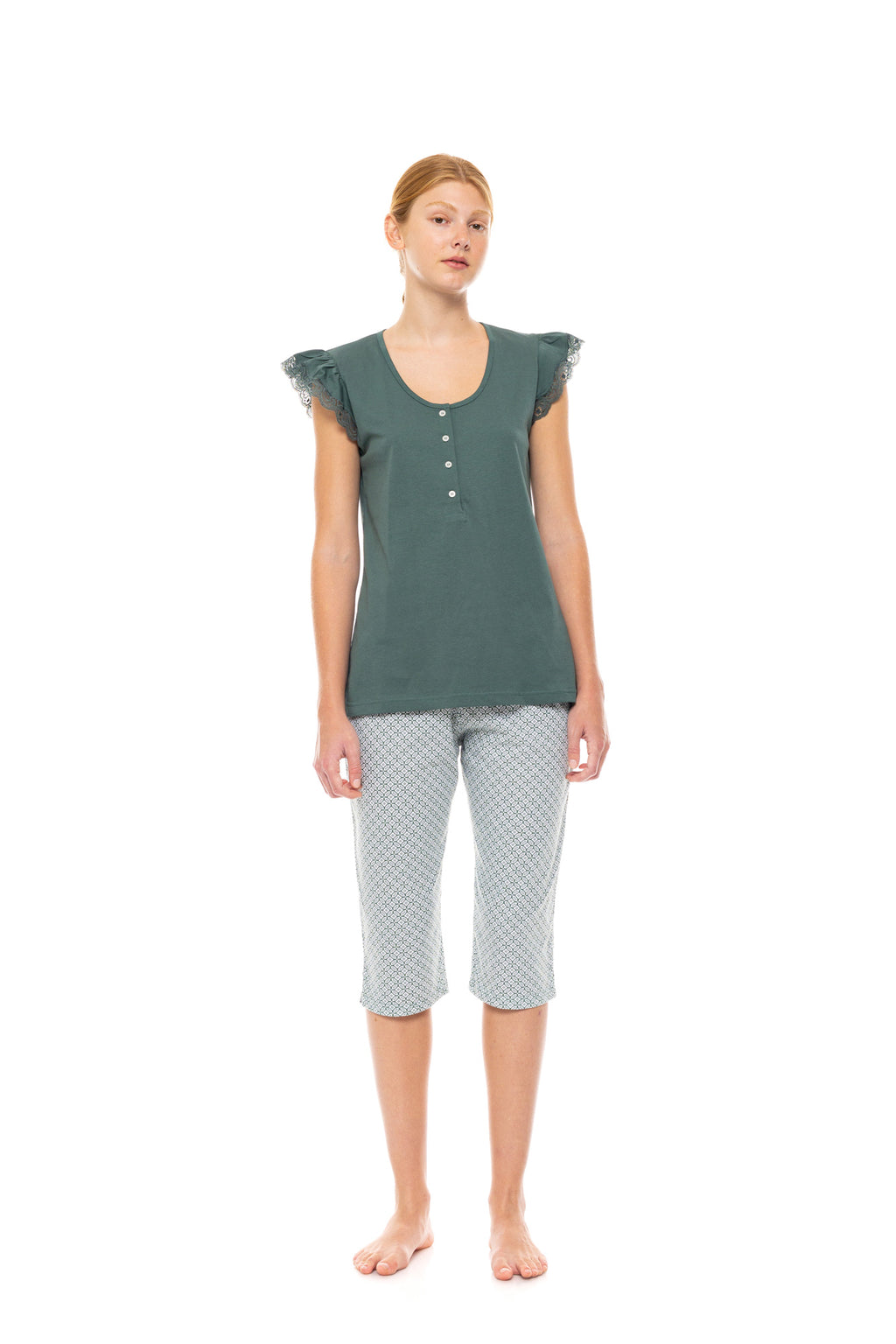 Pink Label - Pyjama Capri Forest Green Geo